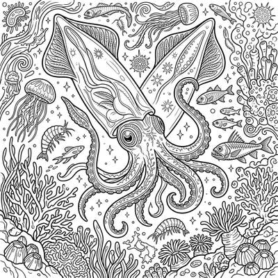 Explore the wonders of the deep ocean with this captivating glass squid full-scene coloring page. Featuring a magnificent glass squid amidst an intricate underwater ecosystem, this design promises hours of creative relaxation.