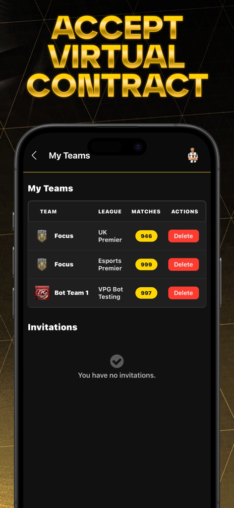 Una pantalla de la aplicación Virtual Pro Gaming que muestra la lista 'Mis Equipos' con nombres de equipos, ligas y recuento de partidos.