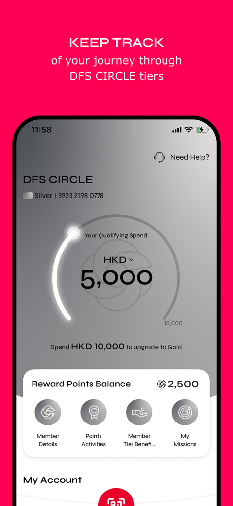 DFS CIRCLE - Mobile app interface of DFS CIRCLE showing member tier progress and reward points balance