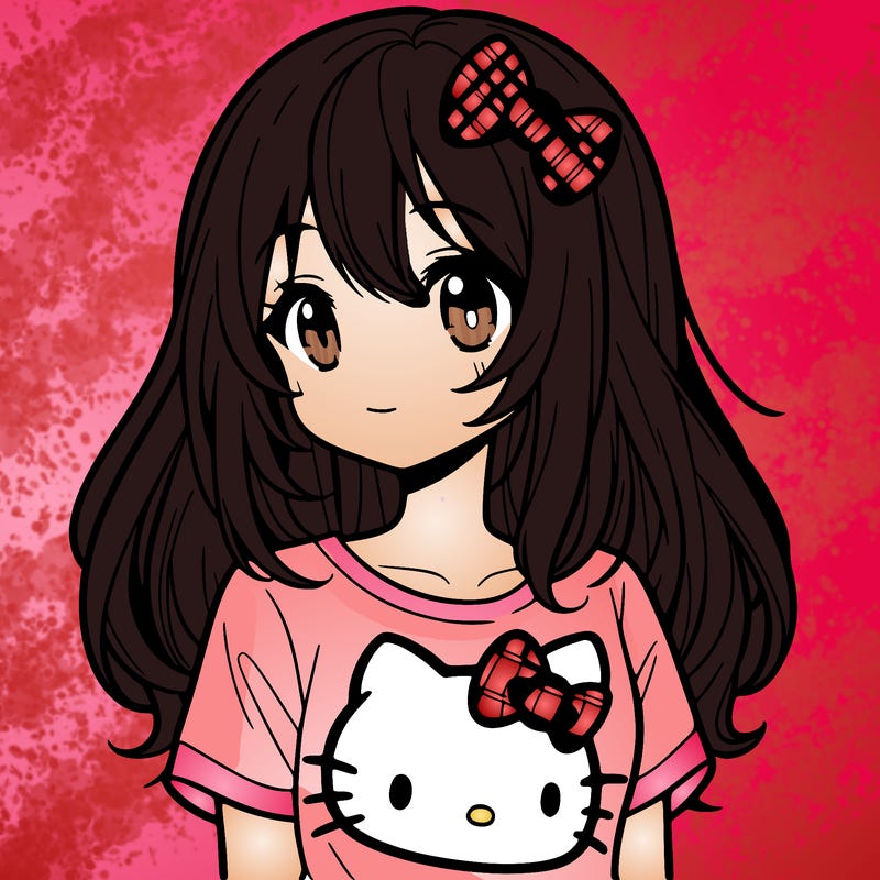 anime girl with shoulder length hair wearing a hello kitty shirt