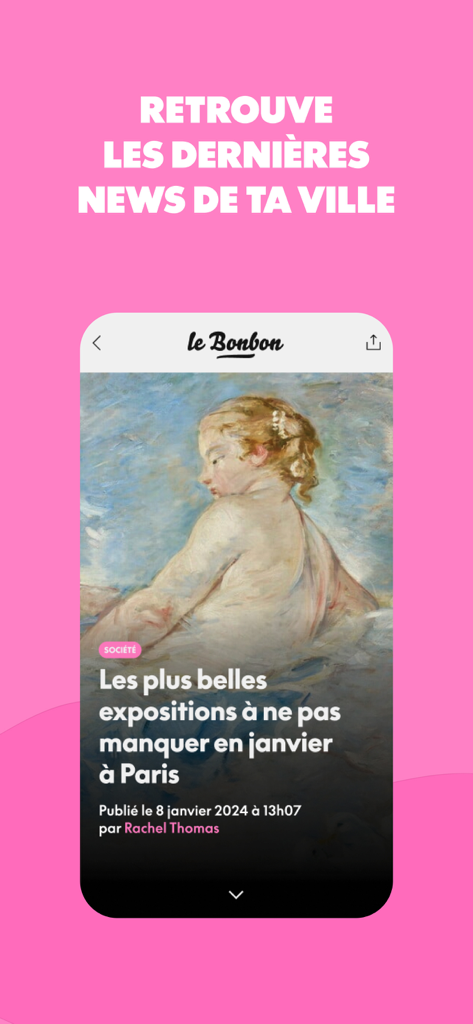 Le Bonbon - Le Bonbonアプリの画面。パリのアート展に関するニュース記事が表示されています。