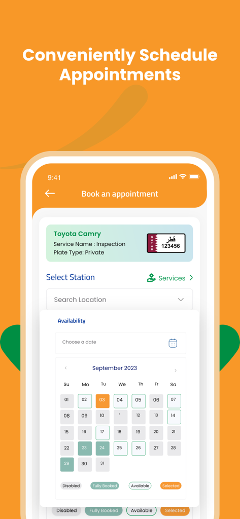 WOQOD app interface showing a calendar to schedule a car inspection appointment