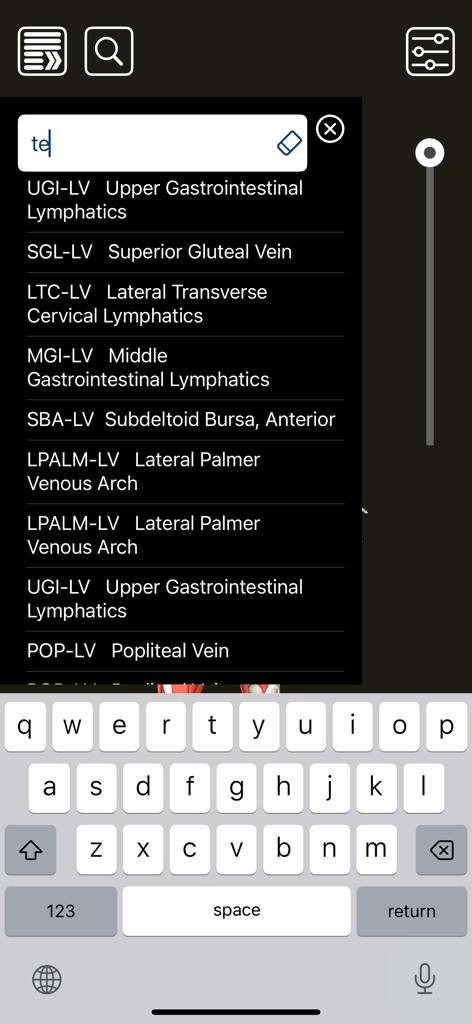 Search results for medical and anatomical terms in the 3D Counterstrain clinical reference app