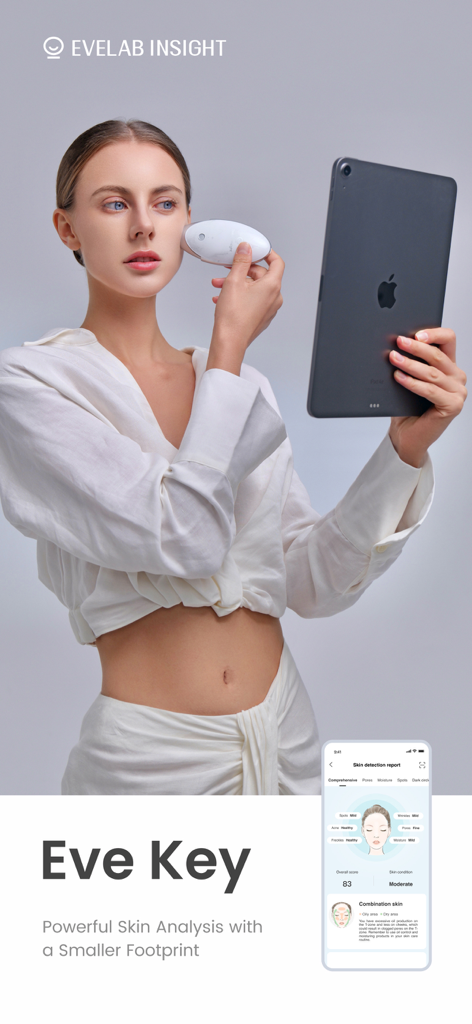 EveLab Insight Eve Key - A woman using the Eve Key handheld skin analysis device and viewing a digital skin detection report on a mobile phone