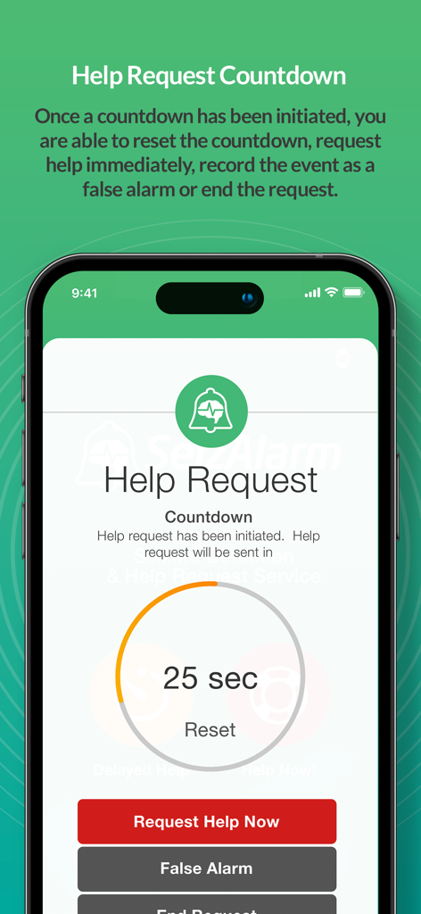 SeizAlarm - Smartphone screen showing the SeizAlarm help request countdown with options to request help now or mark as a false alarm