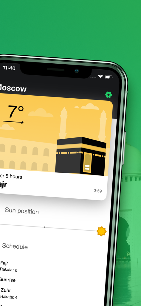 Muslim Pray Times Qibla Finder - Interface of the Muslim Pray Times Qibla Finder app showing the prayer schedule and sun position for Moscow