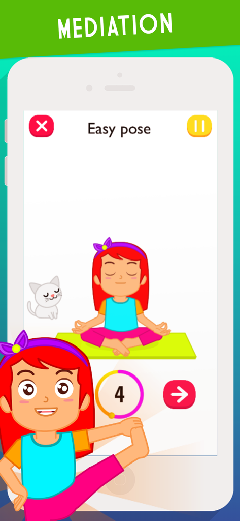 Kids Exercise : Kids Workout - 子供向けエクササイズアプリのインターフェース画面。ヨガマットの上で楽な姿勢で瞑想する少女の漫画。