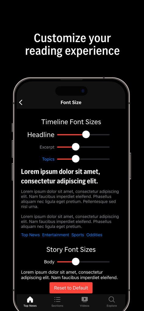 AP News app font size customization interface for headlines and story text.