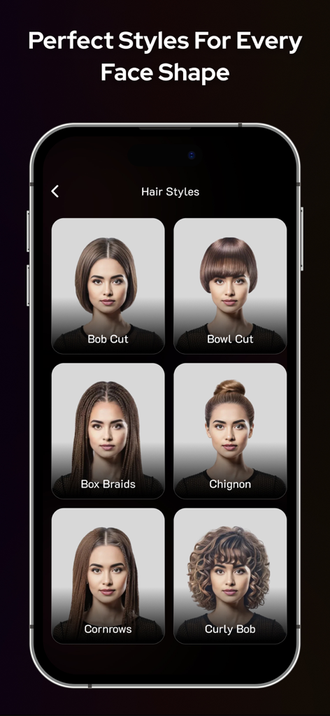 Hairstyle AI: Try On Hair Cut - Interface de l'application Hairstyle AI montrant une grille de différents styles de cheveux virtuels, y compris les carrés et les tresses.