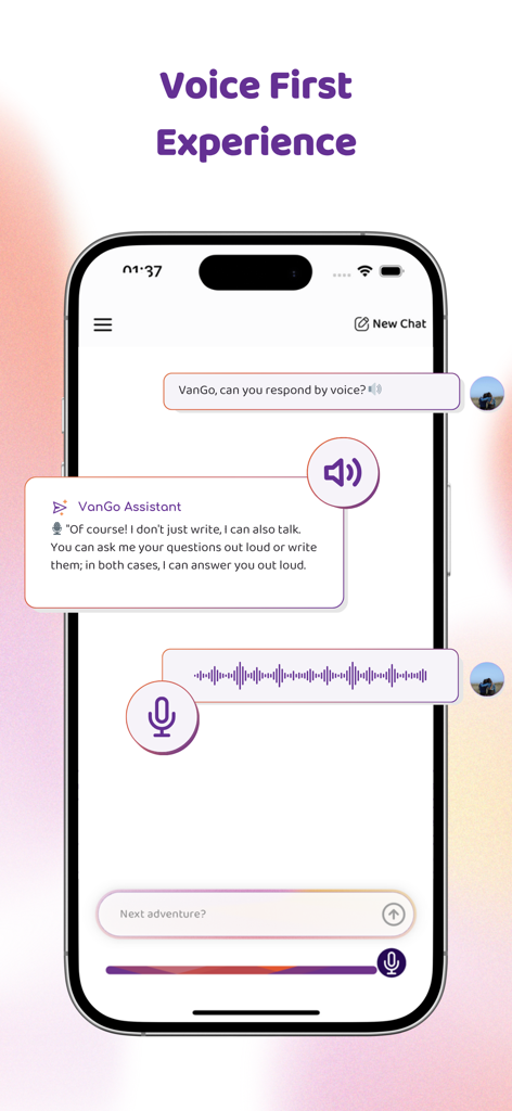Rovo - Travel Agent - 음성 우선 AI 채팅 경험을 보여주는 Rovo 앱 인터페이스를 표시하는 스마트폰 디스플레이