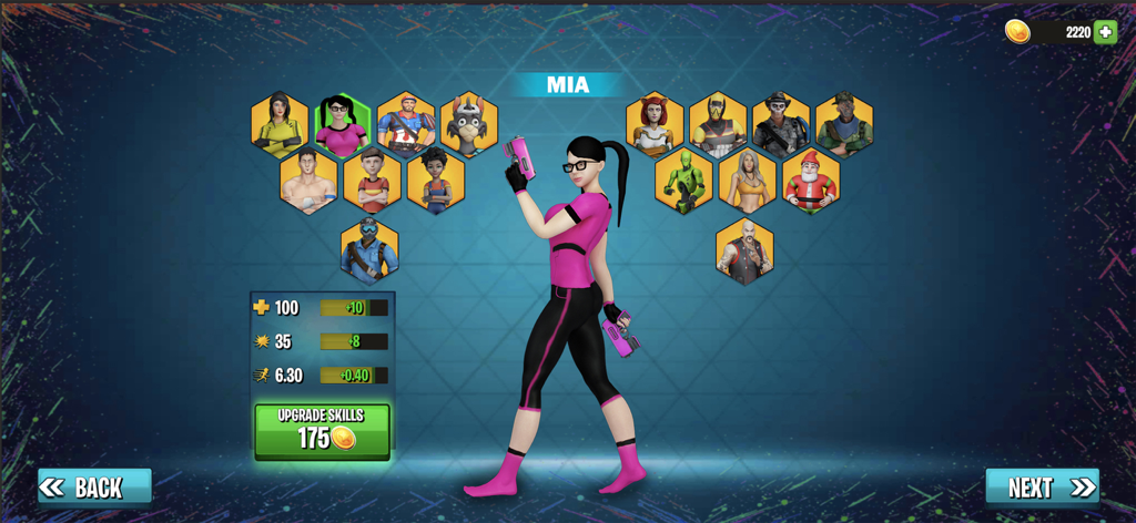 Paintball Shooting Team Strike - Pantalla de selección de personajes y mejora de habilidades en Paintball Shooting Team Strike con la personaje Mia