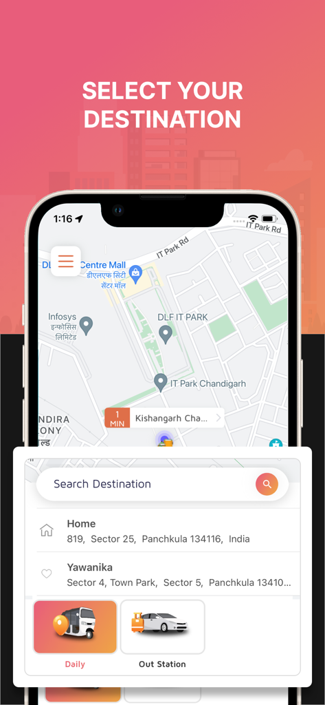 Jugnoo - Jugnoo app interface showing map with destination search and options for auto-rickshaw or car rides