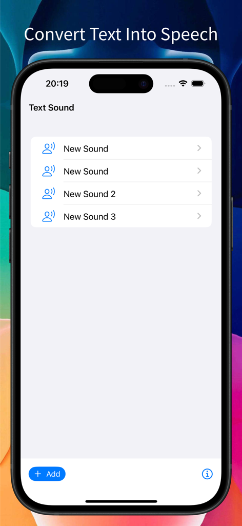TextSound Saver - TextSound Saver app interface showing a list of saved text to speech audio files on an iPhone screen.