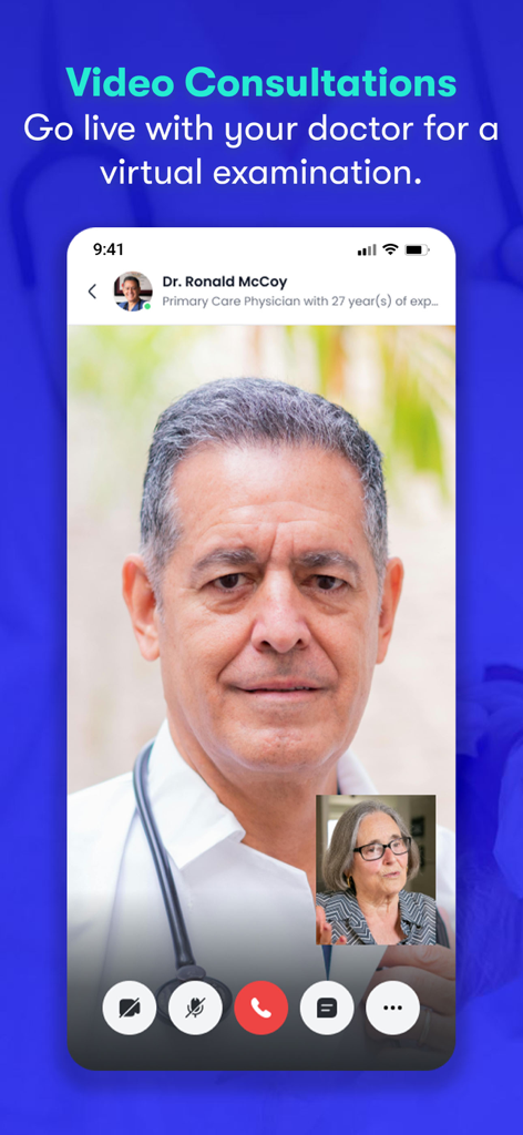 Schermata di consultazione video dell'app CureMe che mostra un appuntamento medico virtuale con un dottore.