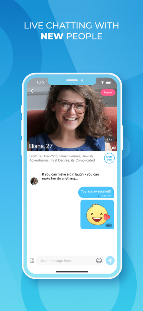 Fiix dating app interface showing a live chat screen with a user profile and text messages