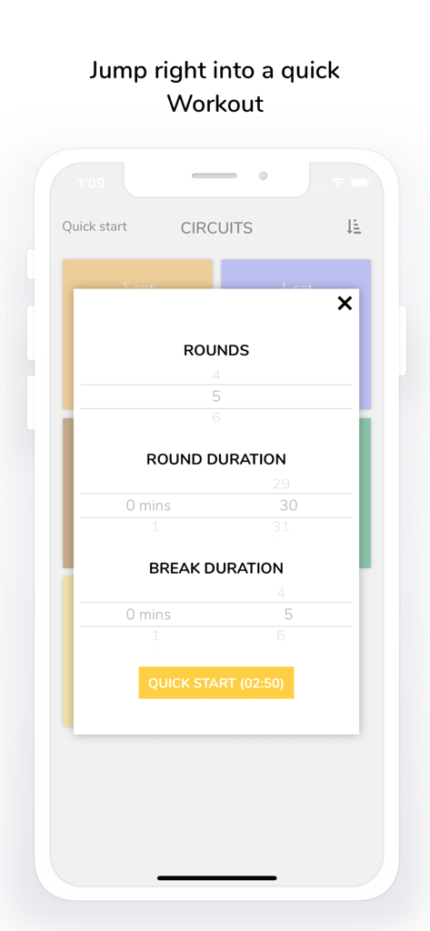 Interface de l'application Pro Timer montrant les paramètres de démarrage rapide pour les rounds et la durée de l'entraînement