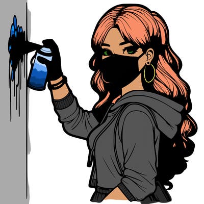 realistic girl with mask spray painting a wall