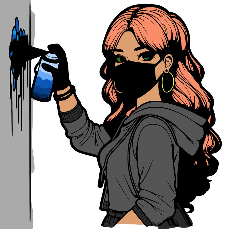 realistic girl with mask spray painting a wall