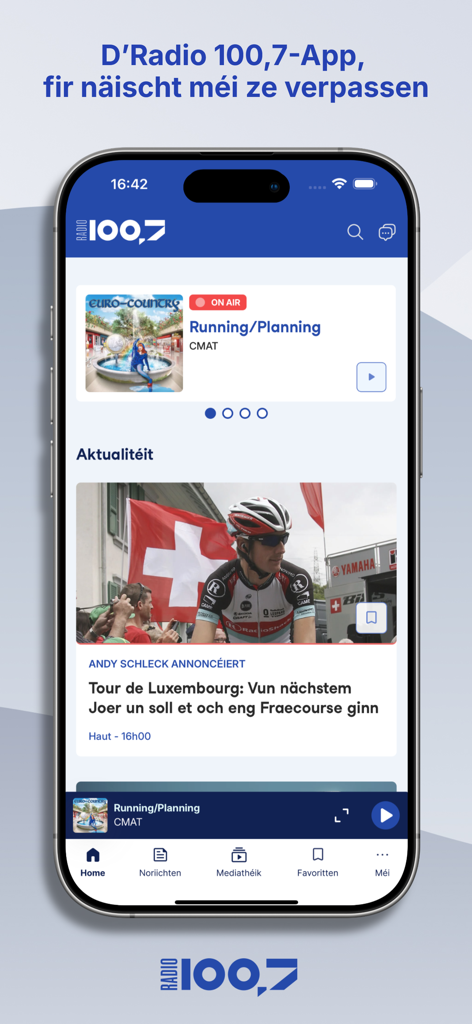 Radio 100,7 Luxembourg mobile app interface showing live radio player and news feed in Luxembourgish