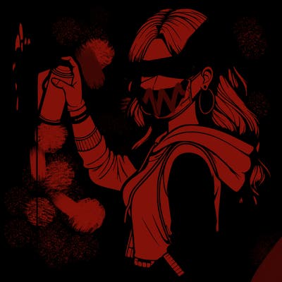 realistic girl with mask spray painting a wall