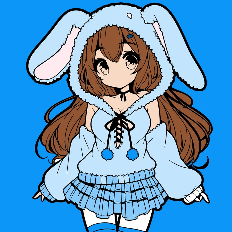 pretty anime girl wearing a fluffy hoodie with bunny ears on the hood and a skirt