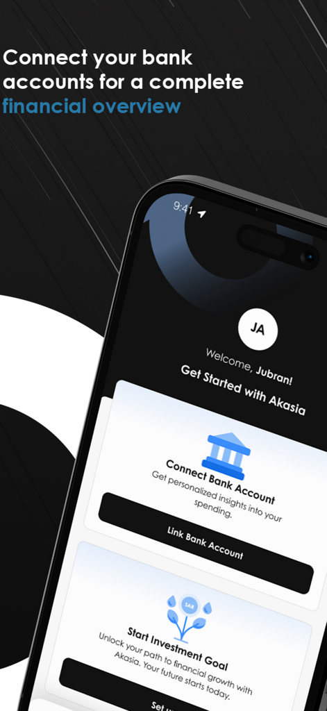 Akasia | اكاسيا - Akasia app screen showing bank account connection and investment goal setup options