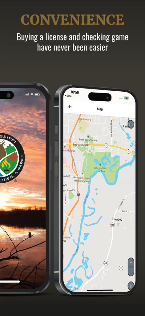 MDWFP HuntFish - Mississippi MDWFP HuntFish app screenshot showing the splash screen and interactive map interface for outdoor navigation.