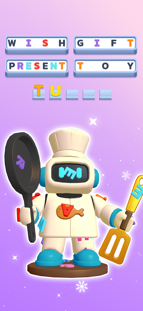 Word Screw - 3D Unscrew Bolts - A 3D word puzzle game screenshot showing a robot chef character and letters to find