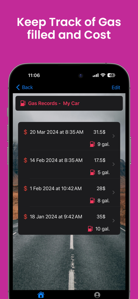 A mobile app screen showing a detailed log of gas fill-ups with dates, costs, and gallon amounts.