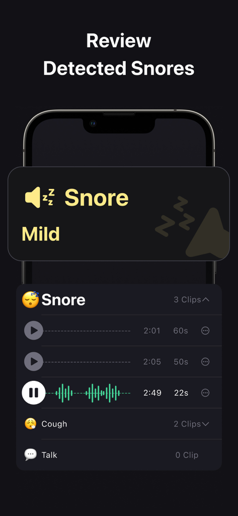 Rem: Auto Sleep Tracker Watch - Interface of the Rem app showing the Review Detected Snores feature with audio clips of snoring, coughing, and talking recorded during sleep.
