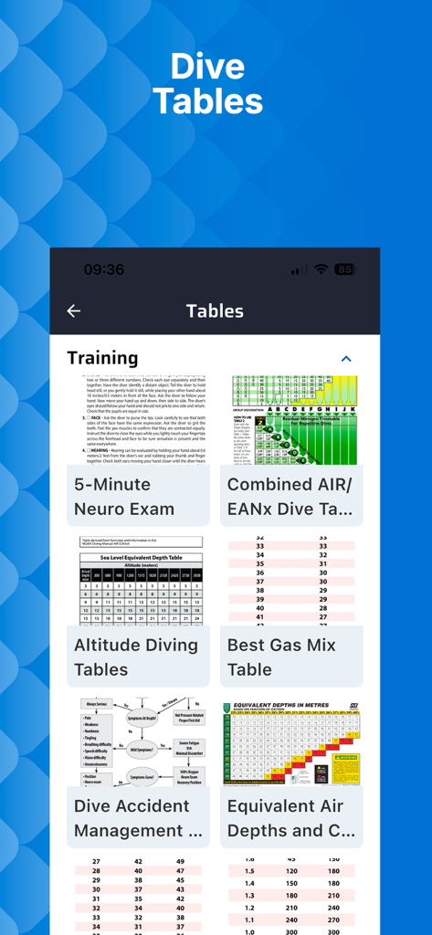 A collection of diving training and safety reference tables within the Mares app interface.