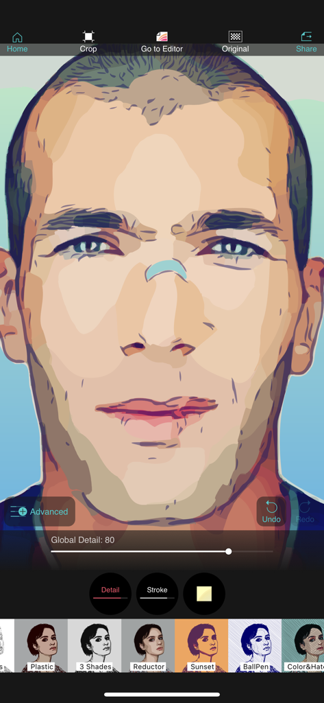 Vector Q by Imaengine - Vector Q app interface showing a vectorized portrait with editing tools and filter options