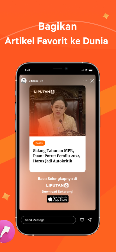 Liputan6.com - Berita Terkini - A smartphone screen showing a Liputan6.com news story in a visual story format with a prompt to share articles