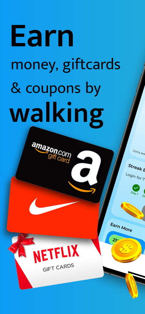 Walkify 앱 홍보 화면, Amazon, Nike, Netflix 기프트 카드 및 골드 코인이 표시되며 걷기로 돈, 기프트 카드, 쿠폰을 벌 수 있다는 텍스트 포함