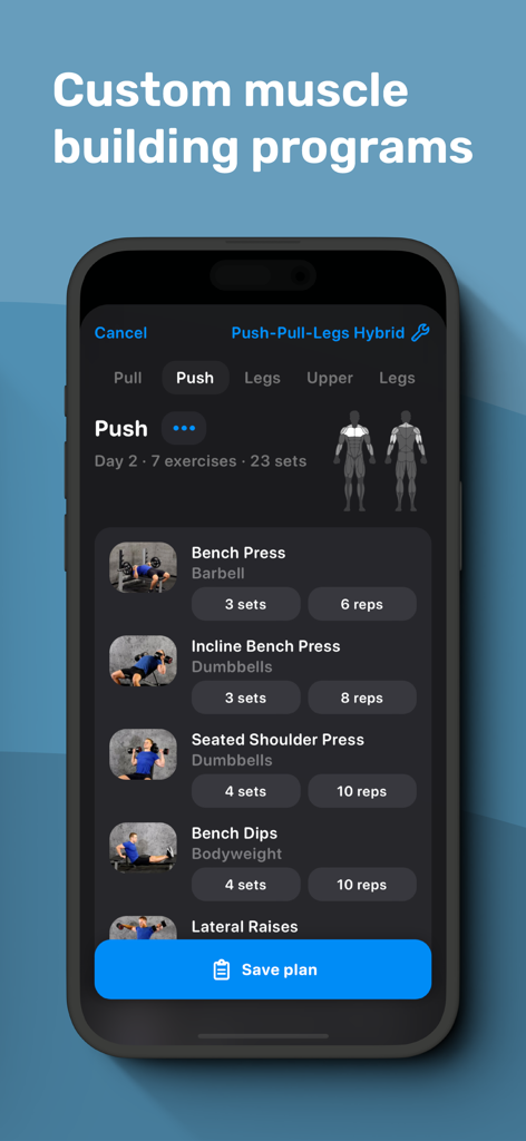 Alpha Progression app interface showing a custom push day gym workout plan with exercise sets and reps