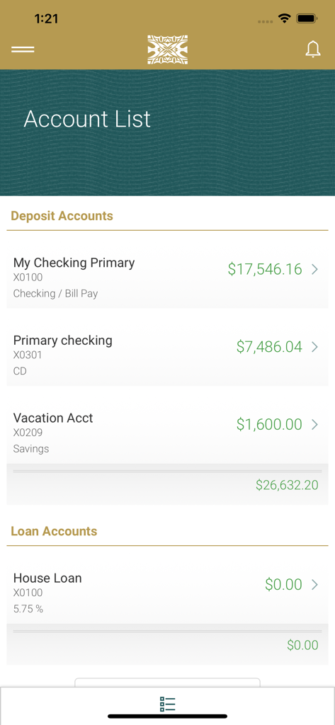 TBAS - TBAS mobile banking app account list screen with deposit and loan balances