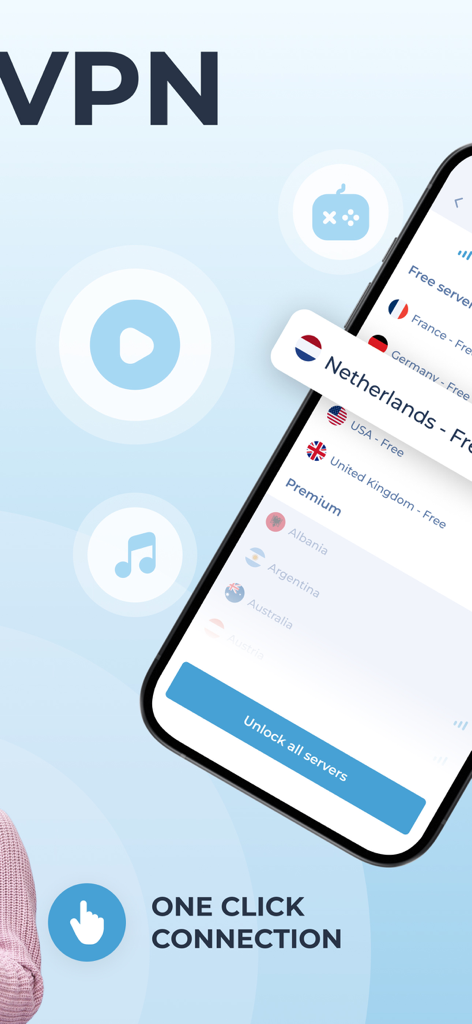 Screenshot of Free VPN Planet app interface showing a list of free servers in Netherlands, USA, and UK with a one-click connection feature.
