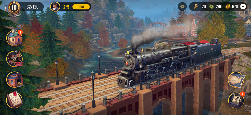 Railroad Empire: Train Game - Une locomotive à vapeur noire détaillée traversant un pont en pierre dans un paysage d'automne pittoresque