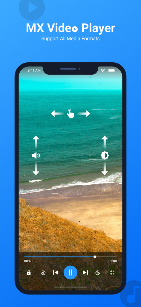 Interfaz de MX Video Player en un iPhone mostrando controles de gestos para volumen, brillo y búsqueda durante la reproducción de vídeo