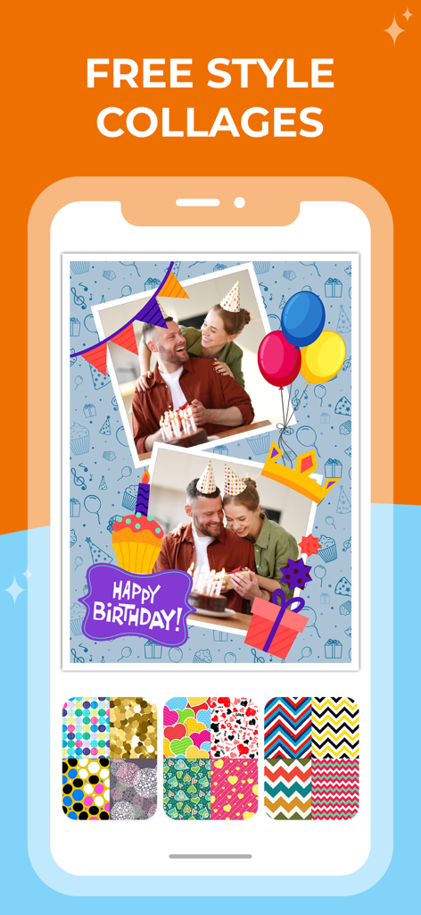 Photo Collage Maker & Editing - Un collage de fotos con temática de cumpleaños creado utilizando el modo libre con pegatinas festivas y patrones de fondo.