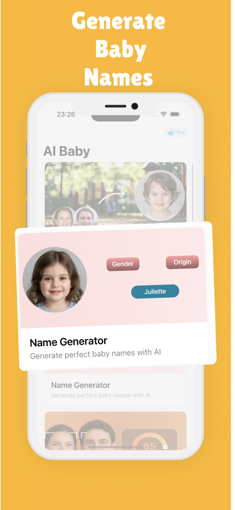 Baby Face Generator - Predict - Interface of an AI baby name generator showing a sample result for a girl named Juliette.