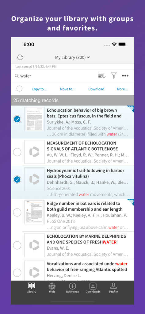 Interface do aplicativo móvel EndNote exibindo resultados de pesquisa de artigos e opções de organização da biblioteca.