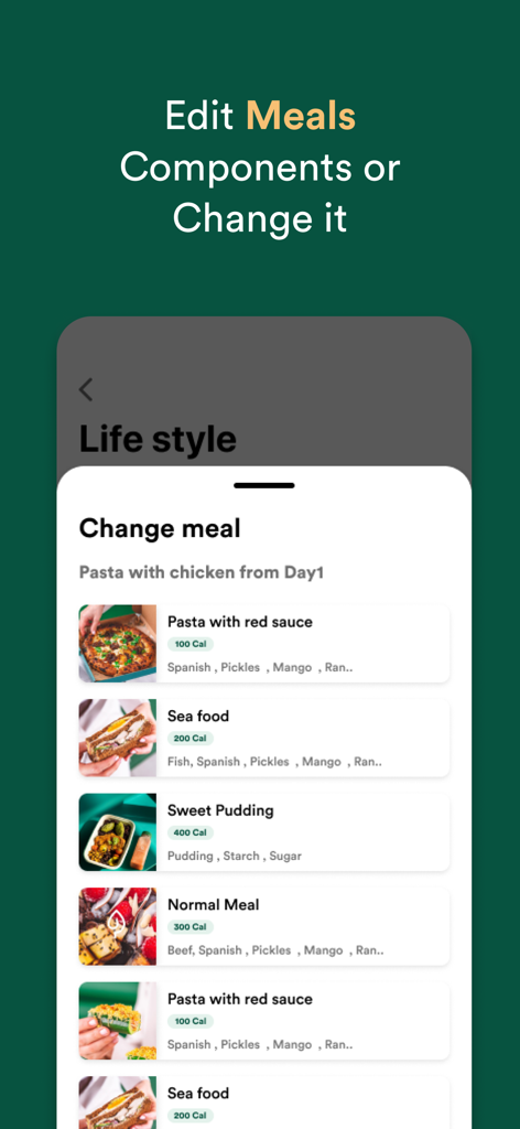 Perfect Bite - Selecting healthy meal options with calorie counts in the Perfect Bite app