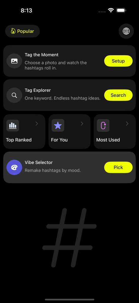 TikZag+ Tiktok Likes More Tags - Tag Explorer、Vibe Selector、写真ベースのハッシュタグツールを備えたTikZag+アプリのメインダッシュボード。