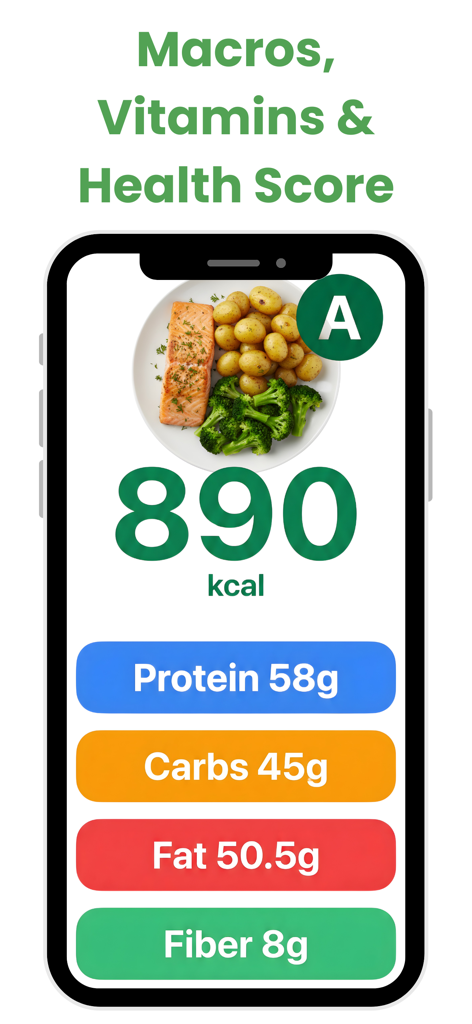 AI food calorie scanner screen displaying 890 kcal and macronutrient breakdown for a meal.