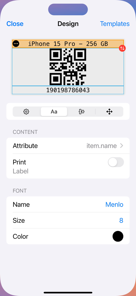 Inventory for Business - Interface for designing and customizing barcode labels for inventory tracking.