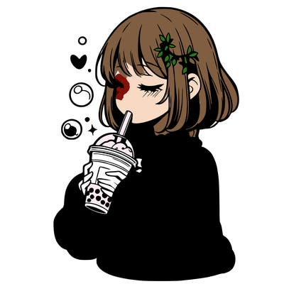 manga girl drinking boba in cozy sweater