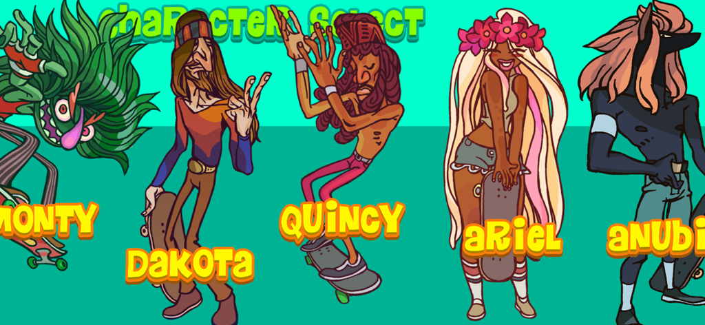 Hippy Skate - Uma linha de cinco personagens coloridos chamados Monty, Dakota, Quincy, Ariel e Anubis na tela de seleção de personagem.
