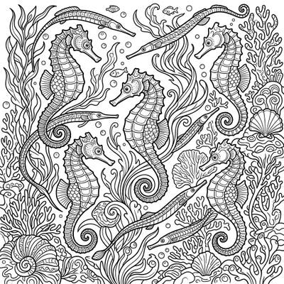 Explore the mesmerizing depths of the ocean with this captivating coloring page featuring graceful seahorses and elegant pipefish. Designed for teens, its intricate details offer hours of creative relaxation.