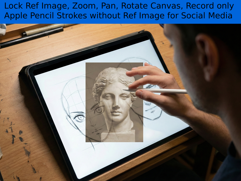 DrawLikePro - Artista usando un iPad y Apple Pencil para dibujar con una superposición de referencia bloqueada en DrawLikePro